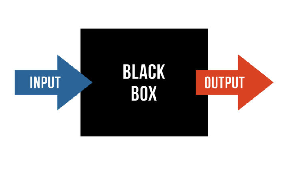 Diagram: an arrow labelled Input goes into a black box, and an arrow labelled Output comes out of it.