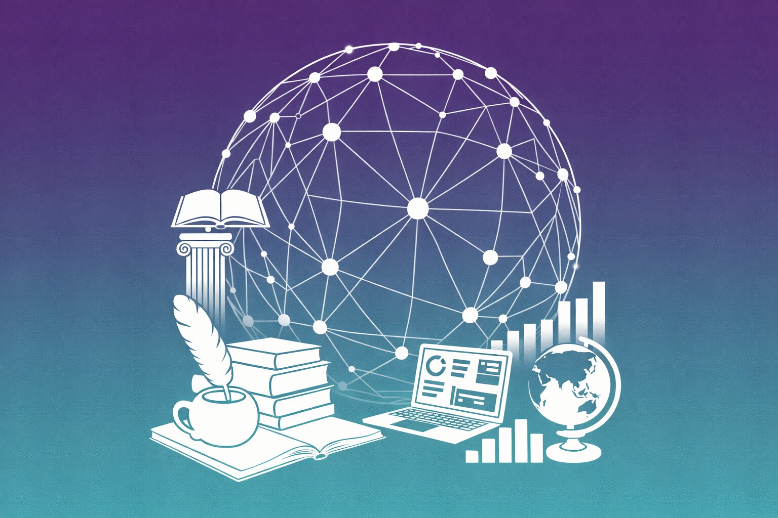 Illustration: a network of connected points arching over symbols of scholarship (open books, a quill, a classical column, a globe) and of computing (a laptop and bar charts).